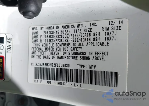 2015 Honda Cr-V Touring из США, поврежденный, VIN 5J6RM3H92FL006030